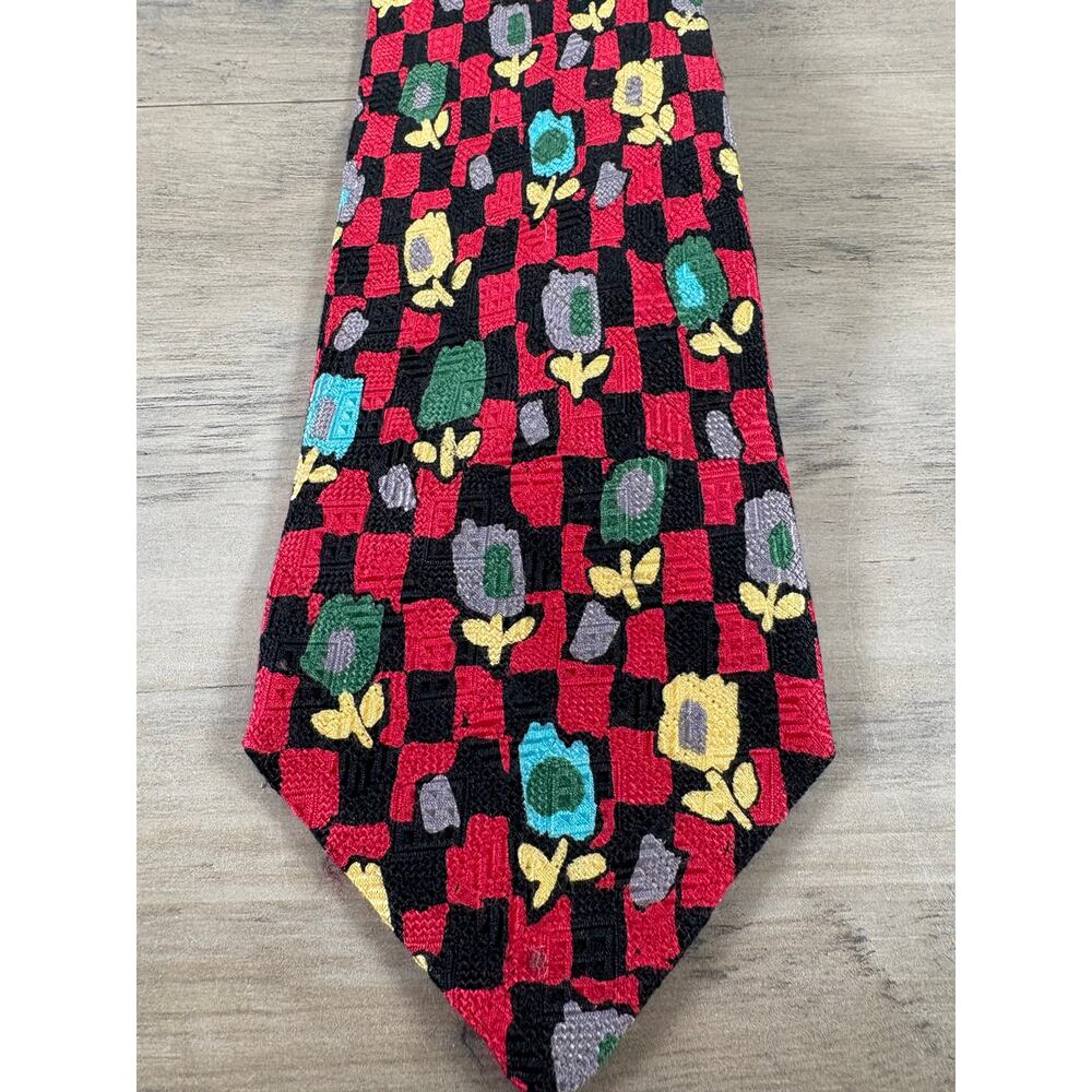 Ermenegildo Zegna Red Black Floral Men's 100% Silk Necktie Tie Made in Italy EUC